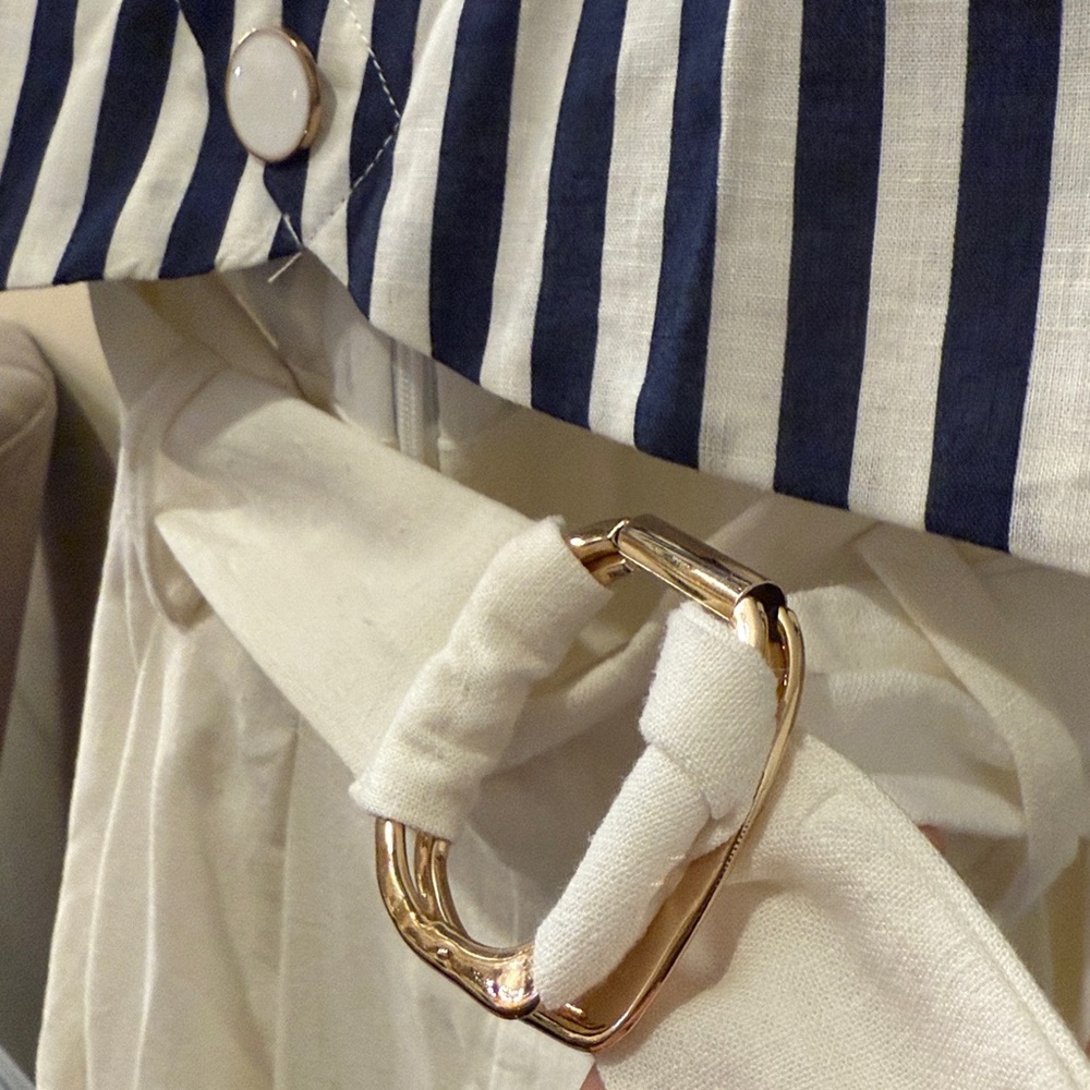 NWT Zara | Belted Linen Dress Waist Cut-out Navy Ivory Nautical coastal vibe - Picture 14 of 16